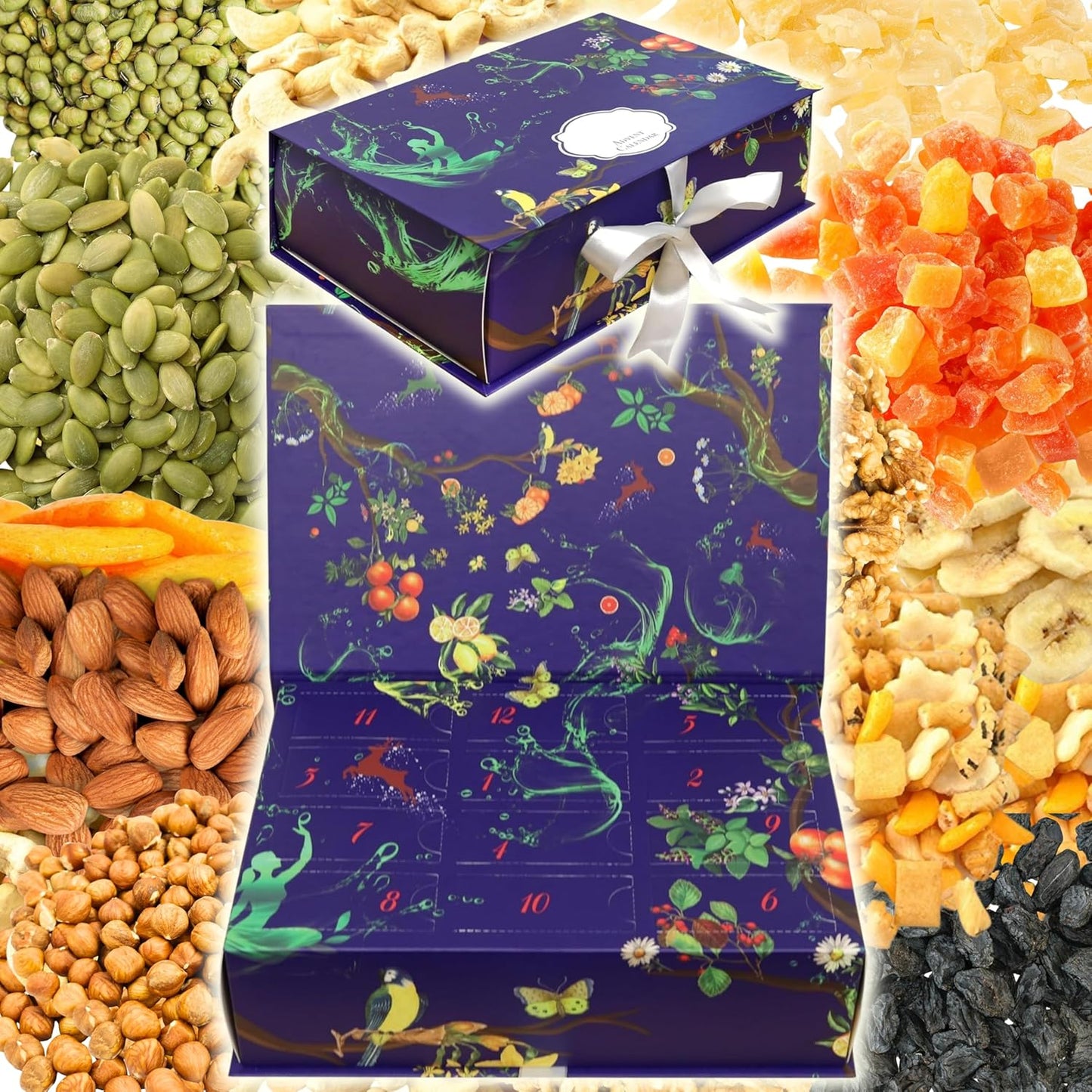 Skiennix 12-Day Advent Calendar - Gourmet Dried Fruit, Nuts & Crackers Gift Box for Holiday Countdown