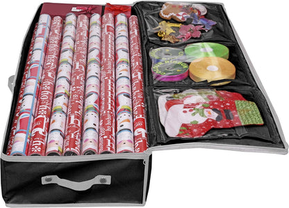 Primode Wrapping Paper Storage Container - Under Bed Gift Wrap Organizer | 41”x14”x6” | Holds 18-24 Rolls Up to 40” | Durable 600D Oxford Material | Includes Pockets for Ribbons and Bows (Black)