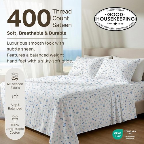California Design Den Twin XL Cotton Sheet Set - 400 Thread Count, Award-Winning Sateen Finish, Floral White/Blue