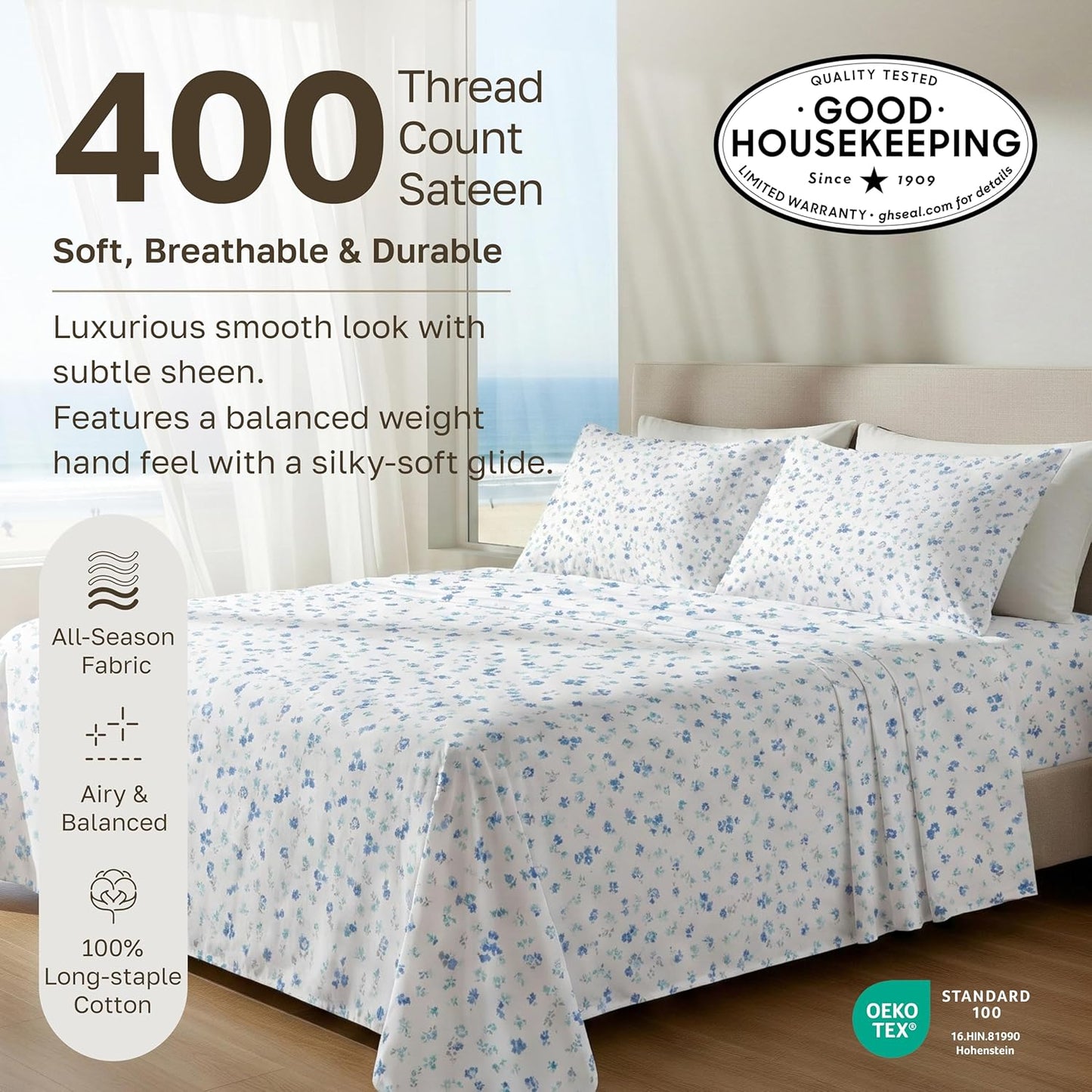 California Design Den Queen Size Cotton Sheet Set - 100% Soft, 400 TC, Award-Winning Sateen Finish | Floral White/Blue