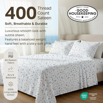 California Design Den Queen Size Cotton Sheet Set - 100% Soft, 400 TC, Award-Winning Sateen Finish | Floral White/Blue