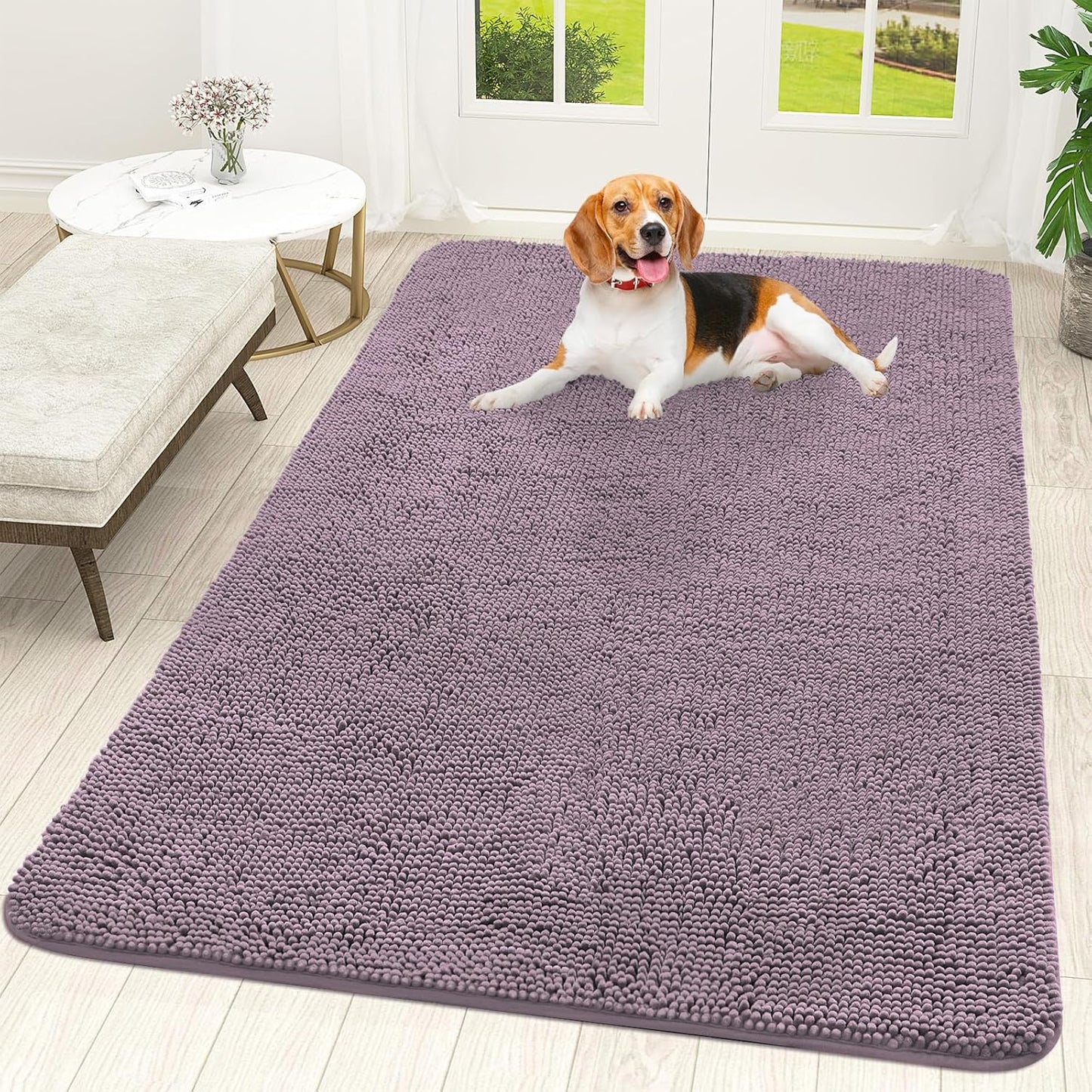 OLANLY Dog Door Mat - Absorbent Non-Slip Chenille for Muddy Paws | 59x35, Quick Dry, Deep Plum