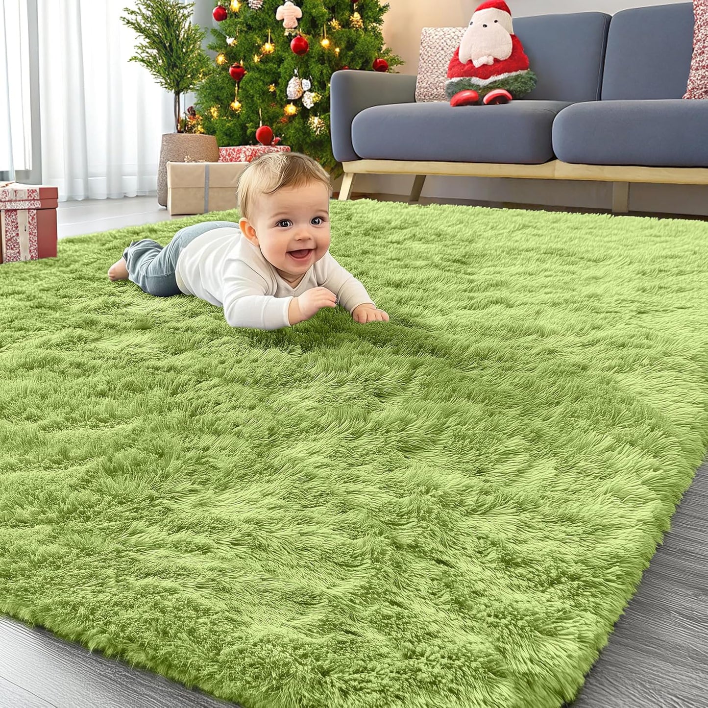 OLANLY Area Rug - Soft Fluffy Shaggy Design | Machine Washable 4x5.9 ft - Grass Green for Living Room & Bedroom