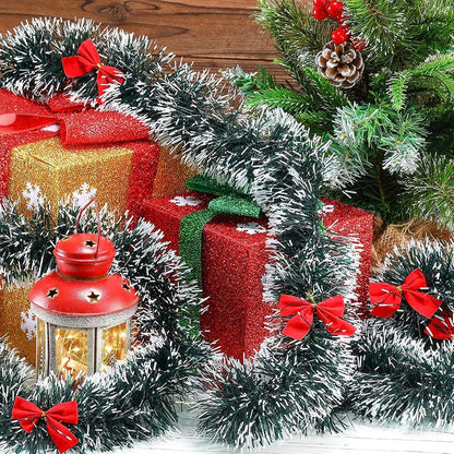 150ft Christmas Tinsel Garland with 114 Red Bows - Dark Green, Variation: Dark Green+114+150ft