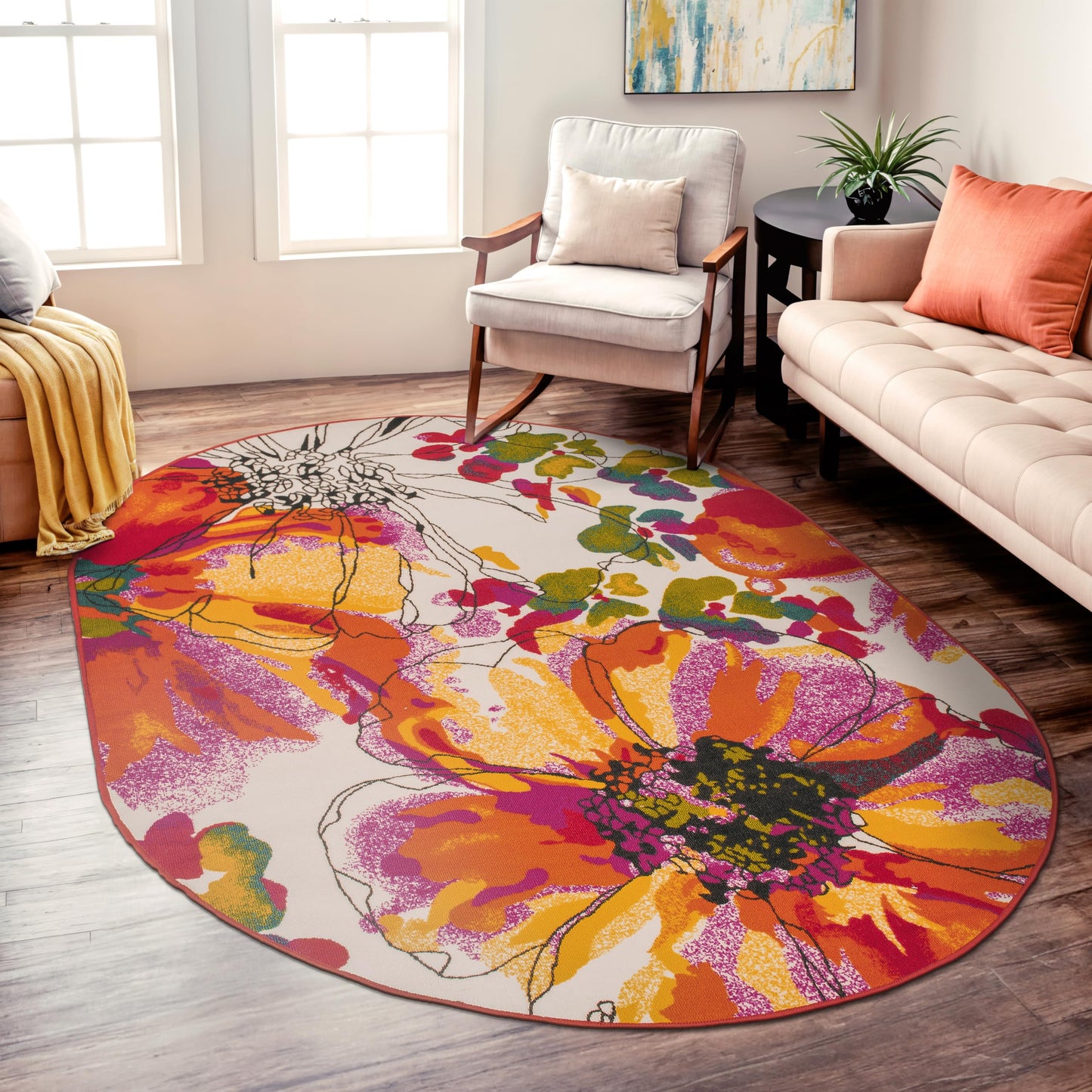 Rugshop Modern Bright Flowers Non-Slip (Non-Skid) Oval Area Rug 5' x 7' Multi