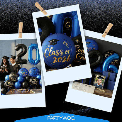 PartyWoo Graduation Balloons - Class of 2026 Foil Number & Mylar Balloons | 12pcs in Black, Blue & Gold