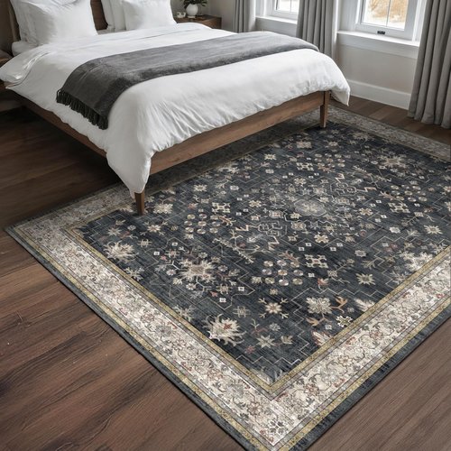 Black Modern Farmhouse 5x8 Area Rug for Living Room, Boho Large Entryway Rug, Dark Floor Carpet for Kitchen Under Small Dining Table, Bedroom - Washable Low Pile Waterproof Non Slip & Stain Resistance