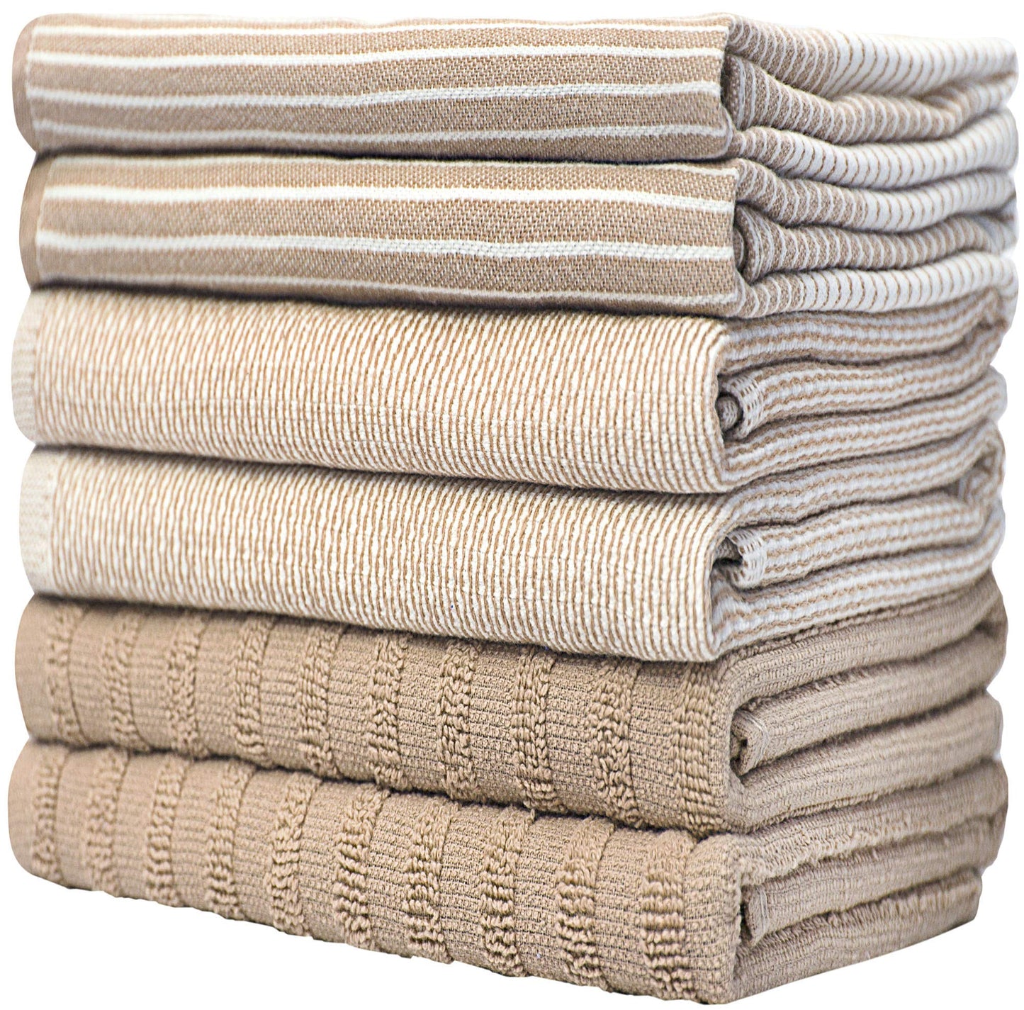 Premium Dish Towels (20”x 28”, 6 Pack) | Large Cotton Kitchen Hand Towels | | Flat & Terry Highly Absorbent Tea Towels Set with Hanging Loop | Tan