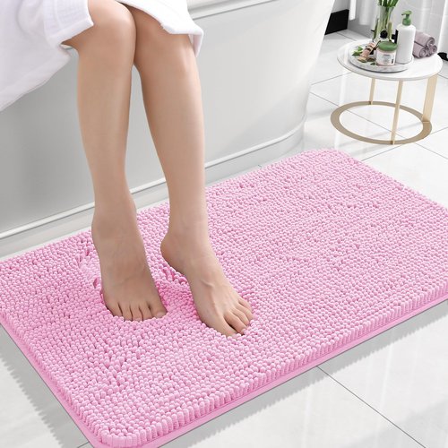 OLANLY Bathroom Rugs 24x16, Extra Soft Absorbent Chenille Bath Rugs, Rubber Backing Quick Dry, Machine Washable Bath Mats for Bathroom Floor, Tub and Shower, Home Decor Accessories, Pink
