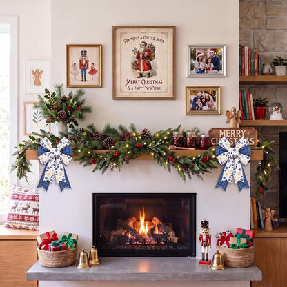 2 Pack Blue Burlap Christmas Wreath Bows - Snowflake & Plaid Decor Style1