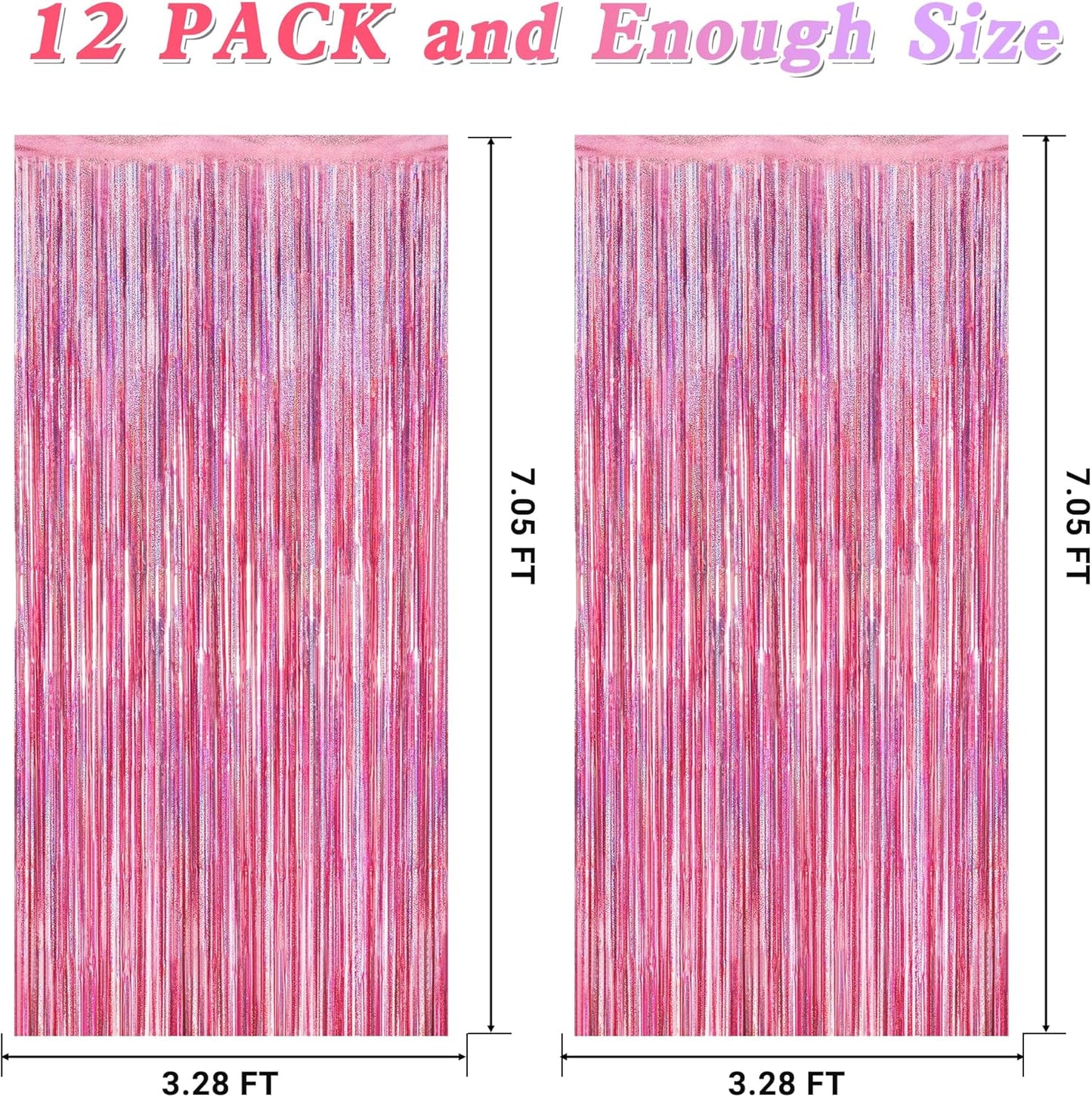 Skiennix Pink Backdrop - 12 Pack Metallic Glitter Tinsel Fringe Curtains | 3.28 FT x 7.05 FT Party Decor
