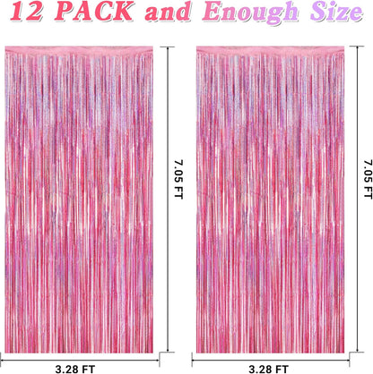 Skiennix Pink Backdrop - 12 Pack Metallic Glitter Tinsel Fringe Curtains | 3.28 FT x 7.05 FT Party Decor