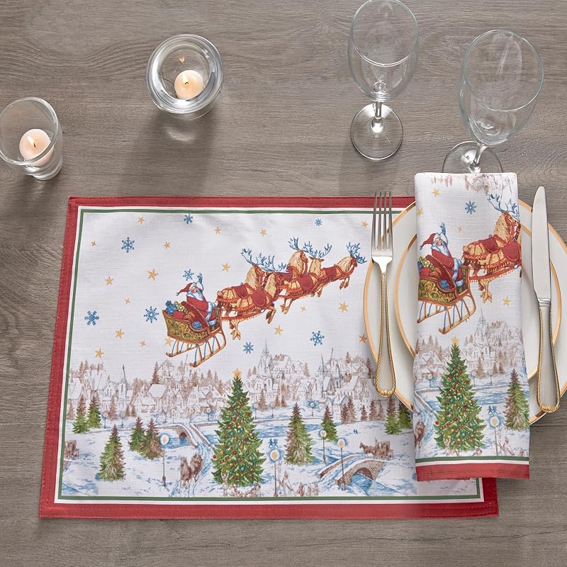 Christmas Napkins Set of 4 - Santa's Snowy Sleighride 17x17 inches