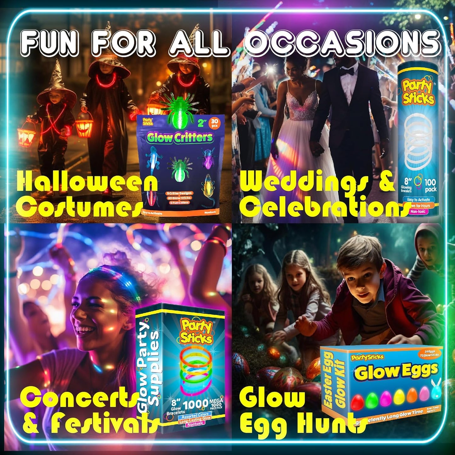PartySticks Ultra Bright Glow Sticks - Glow in The Dark Party Supplies with Glasses, Bracelets & Connectors | Perfect for Halloween & 4th of July