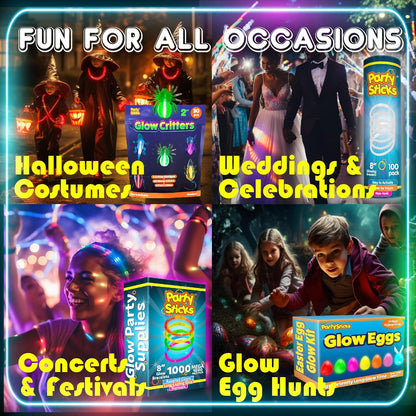 PartySticks Ultra Bright Glow Sticks - Glow in The Dark Party Supplies with Glasses, Bracelets & Connectors | Perfect for Halloween & 4th of July
