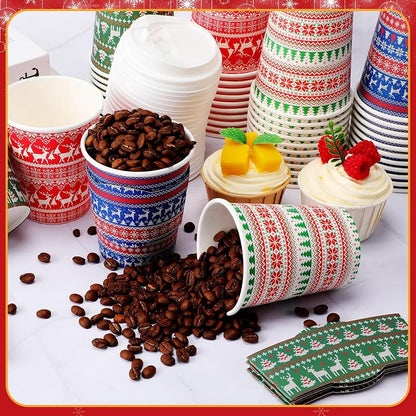 Multicolor 100 Pack 8 oz Christmas Disposable Coffee Cups with Lids & Sleeves (100 Pcs) – 4 Festive Designs