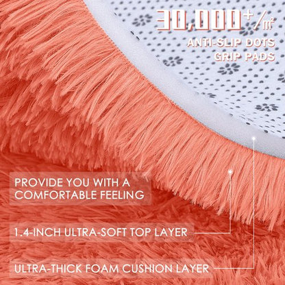 OLANLY Coral Red Round Rugs for Bedroom - Machine Washable, 9 ft Circle Area Rugs for Living Room, Soft and Fluffy Shaggy Carpet for Teen Girl and Boys, Nursery Rooms, Dorms, Home Decor Aesthetic
