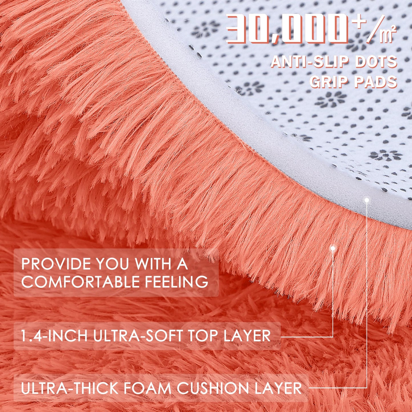 OLANLY Coral Red Round Rugs for Bedroom - Machine Washable, 8 ft Circle Area Rugs for Living Room, Soft and Fluffy Shaggy Carpet for Teen Girl and Boys, Nursery Rooms, Dorms, Home Decor Aesthetic