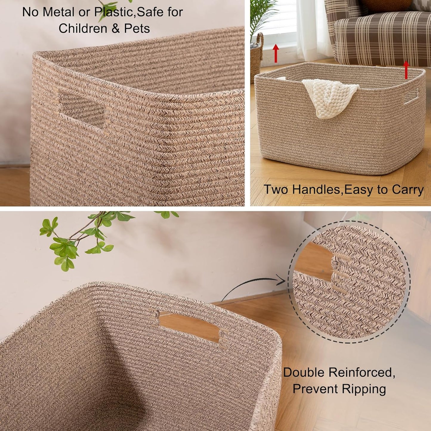 OIAHOMY 75L Large Woven Cotton Rope Storage Basket - Stylish Organizer for Blankets & Toys | Brown Variegated 22”x17”x12”