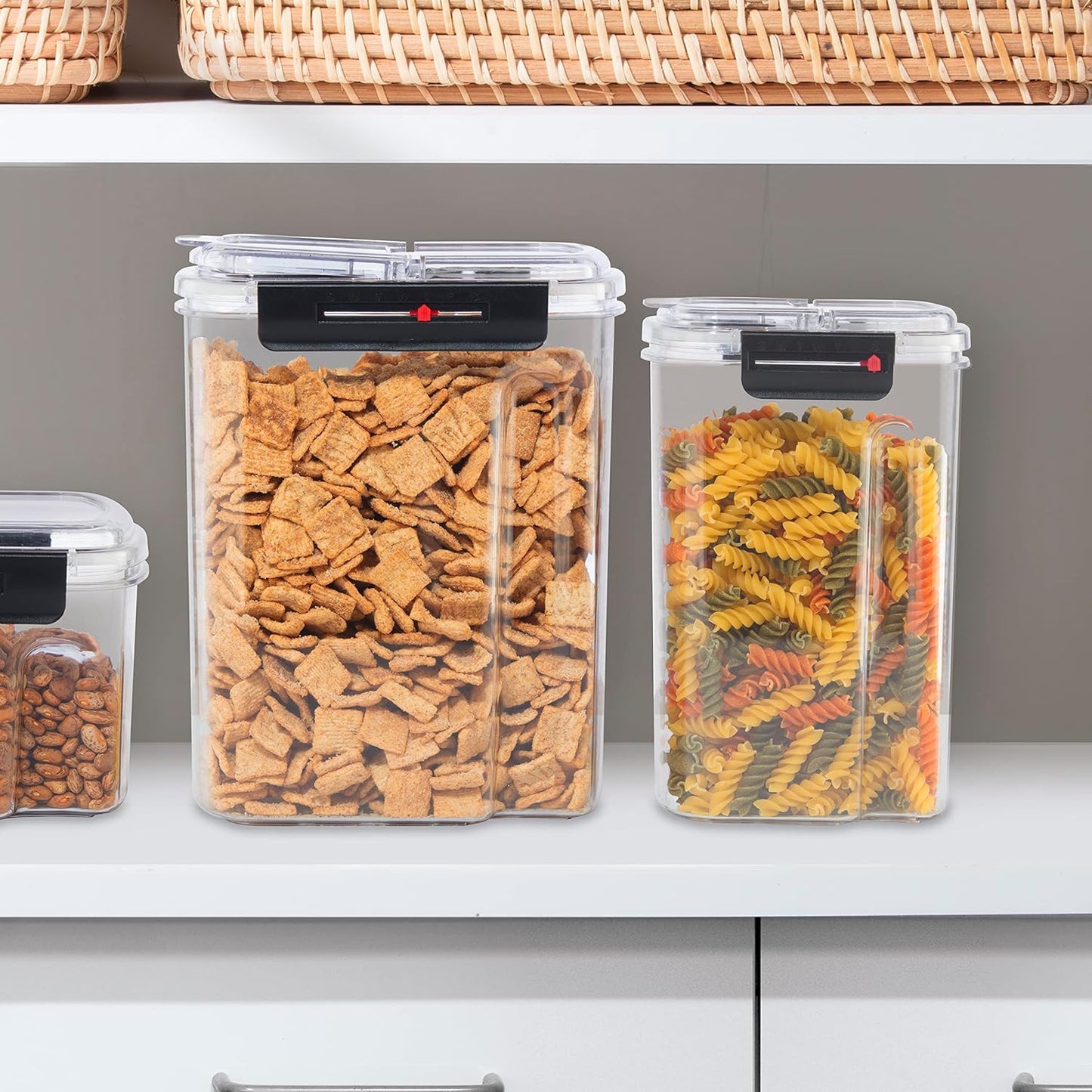 Oggi Easi Grip Moisture Proof Storage Containers, Set of 4, Ultra Clear BPA-Free Sealable Canisters, Pouring Lids, Date Reminder, Ideal Pantry Storage (23, 57, 60, 128 oz / 0.68, 1.7, 1.8, 3.8 lt)