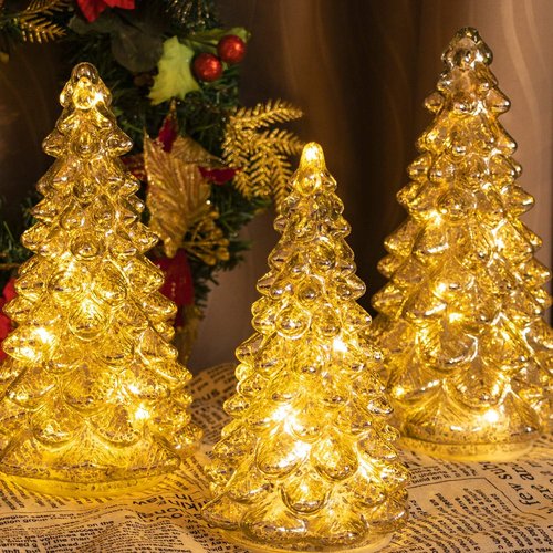 KI Store Lighted Glass Christmas Tree Figurine Set - Timer-Operated Mercury Glass Decor | 3-Piece Centerpiece