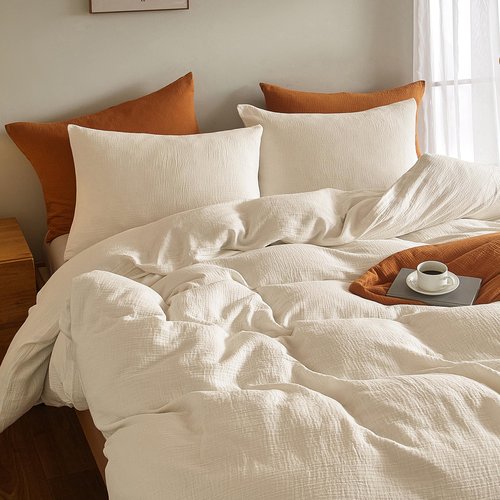 SE SOFTEXLY Muslin Duvet Cover Queen Size, 100% Washed Cotton Duvet Cover Set, Ultra Soft Comforter Cover Linen Like, 3 Pieces Minimalist Gauze Duvet Cover with 2 Pillowcases, 90"x90", Off-White