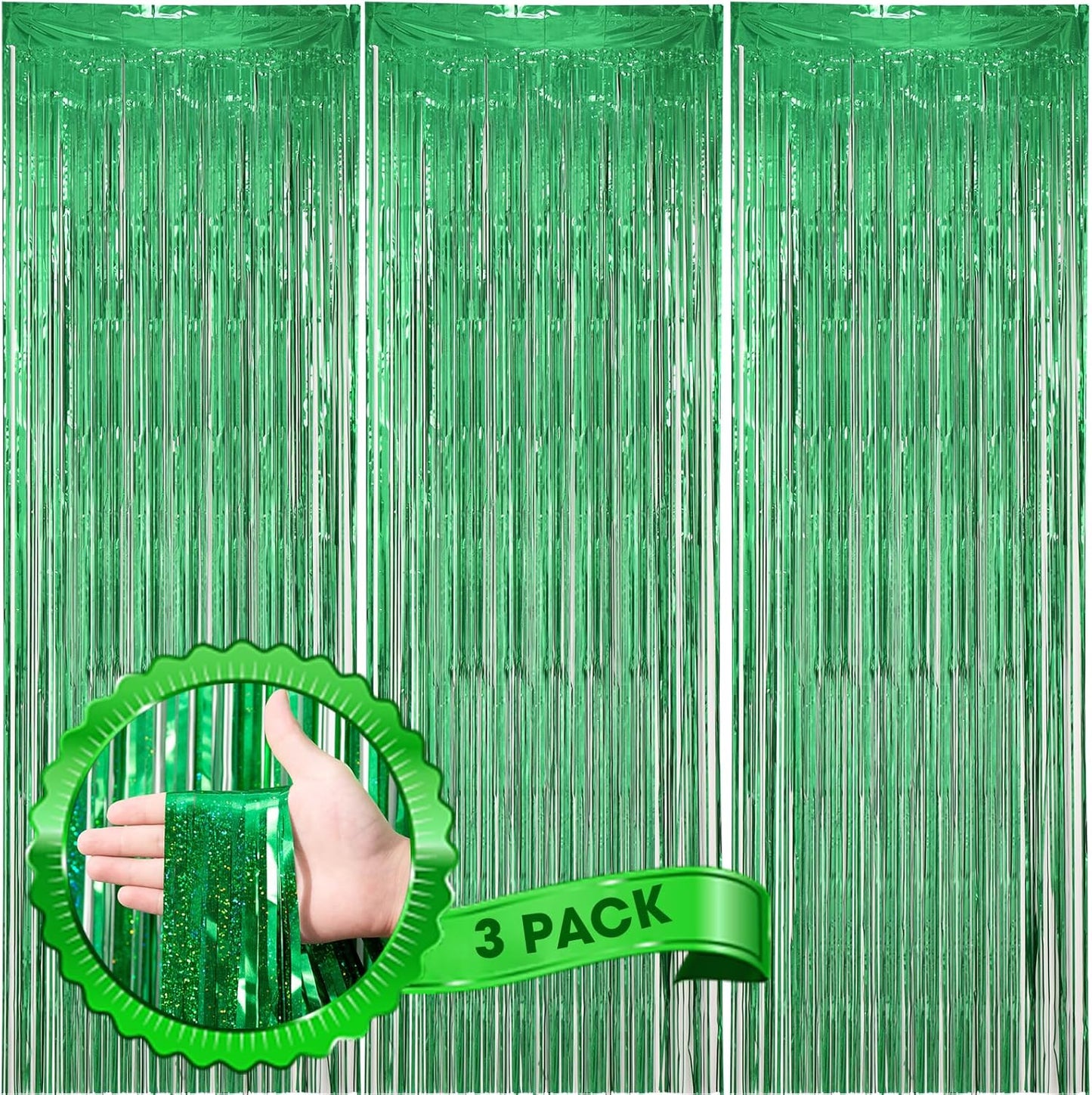 Voircoloria Laser Green Foil Fringe Backdrop Curtains - 3 Pack Tinsel Streamers for Parties & Events