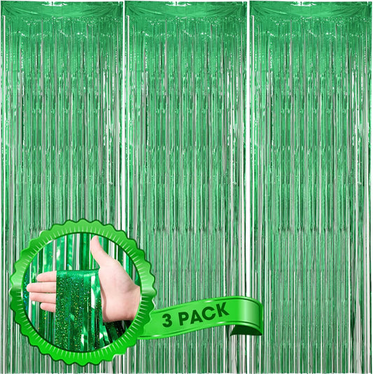 Voircoloria Laser Green Foil Fringe Backdrop Curtains - 3 Pack Tinsel Streamers for Parties & Events