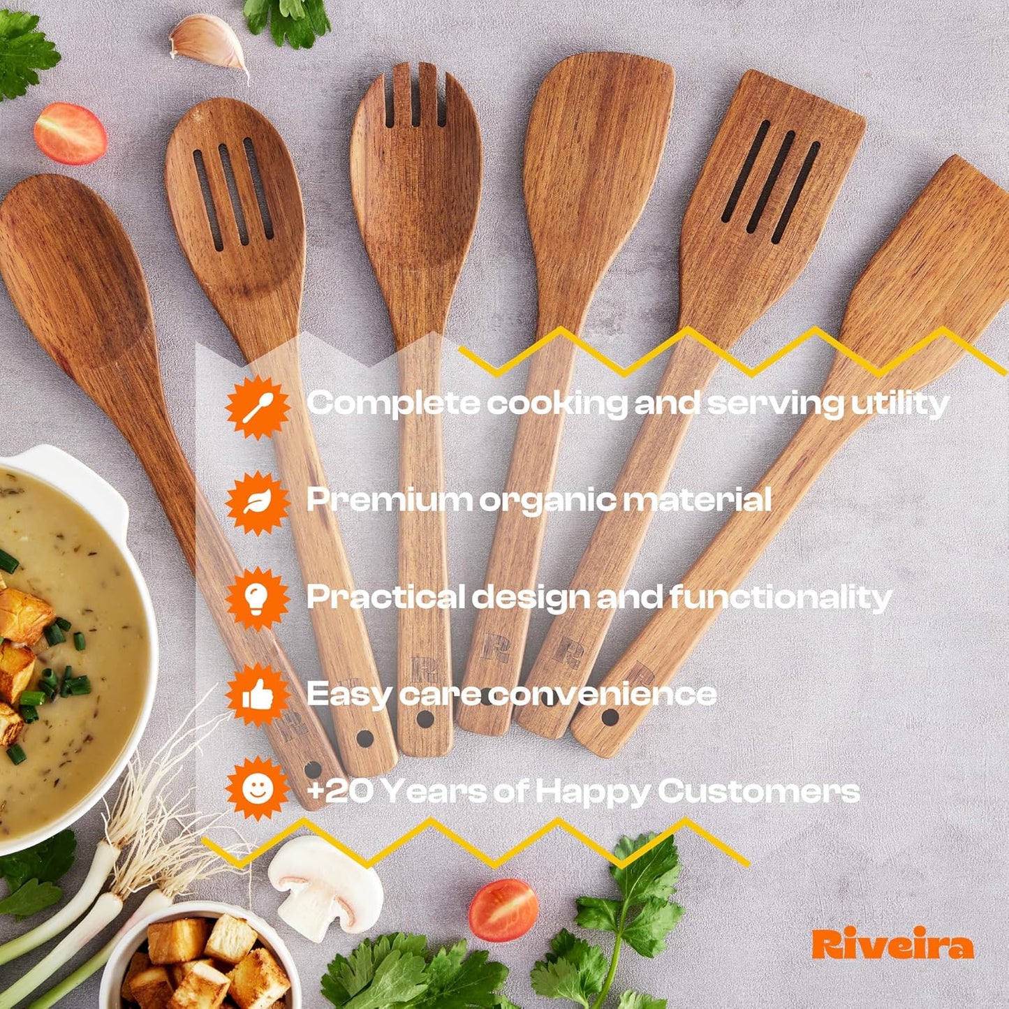 Riveira Teak Wooden Cooking Spoons Set of 6 - Premium Natural Teak Utensils for Non-Toxic Cooking