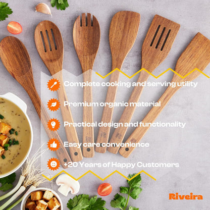 Riveira Teak Wooden Cooking Spoons Set of 6 - Premium Natural Teak Utensils for Non-Toxic Cooking