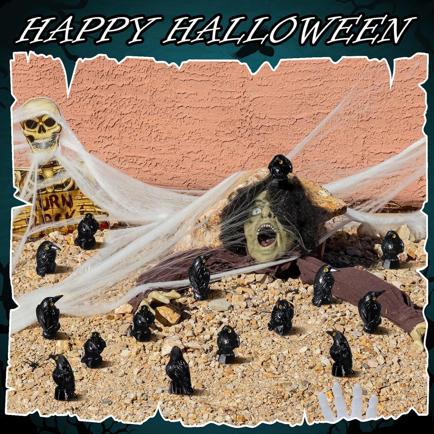 Skiennix Miniature Crows Decor - 50 Pcs Black Resin Raven Figurines for Holiday & Party Decor