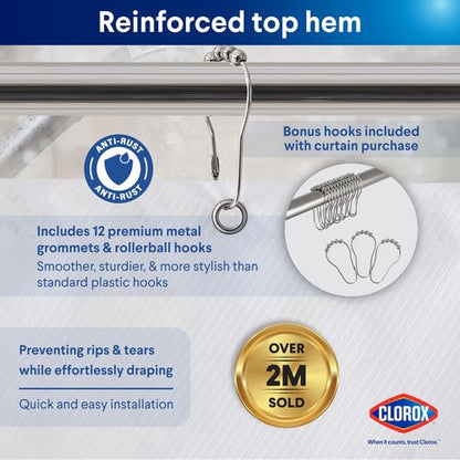 Clorox 2-in-1 Bathroom Shower Curtain Liner w Metal Hooks, Durable Fabric, Weighted Magnets for Bath Water Control, Washable Premium Quality, Modern - 72" x 72" White
