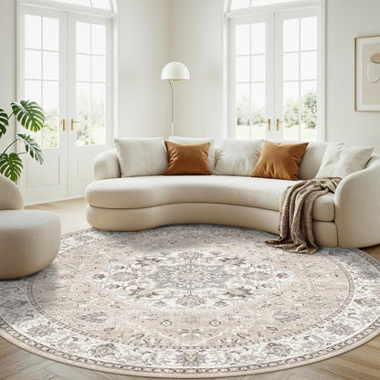 7x7 Living Room Area Rug - Washable Oriental Round Rug | Soft, Non-Slip, Stain-Resistant Beige Mat