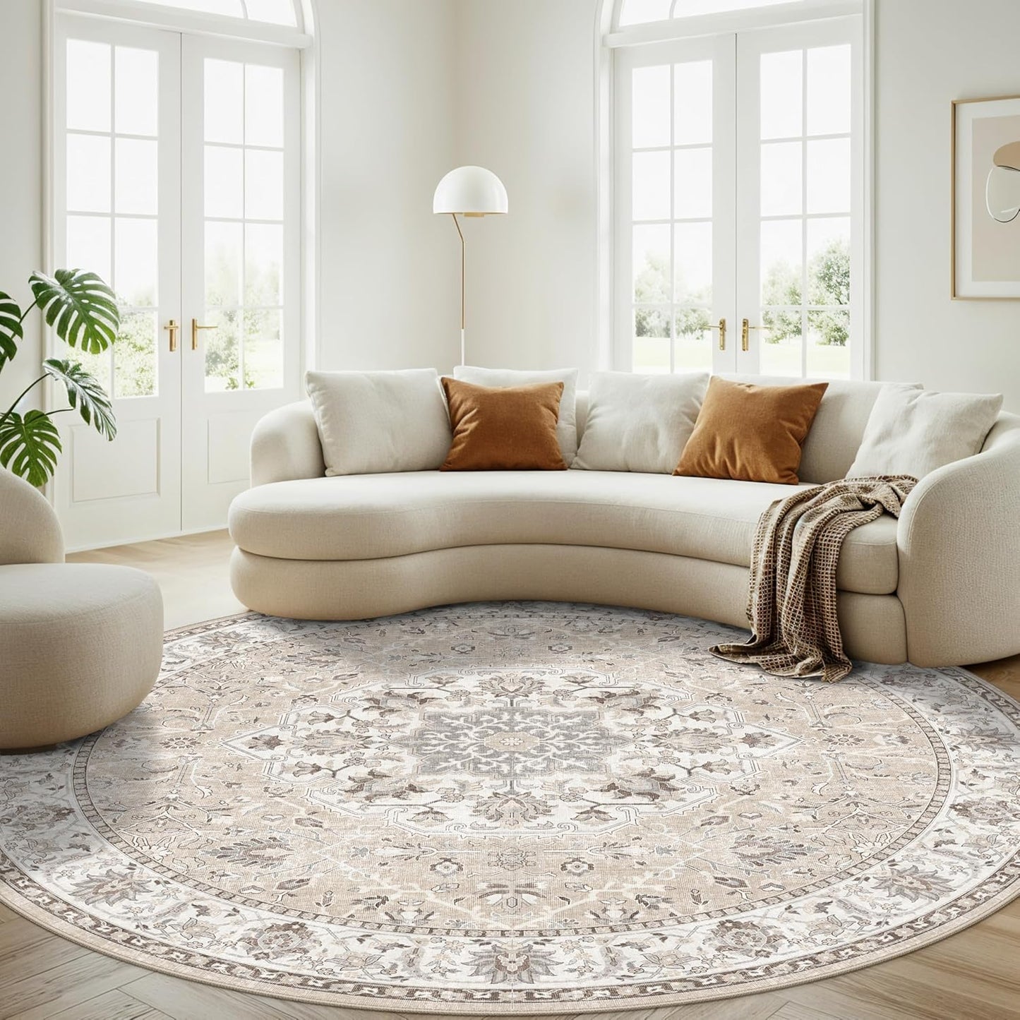Skiennix Washable 6ft Circle Round Rug - Soft Stain-Resistant Low-Pile Carpet for Living Room, Bedroom & Nursery | Beige