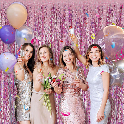 Skiennix Pink Streamers Fringe Backdrop - Sparkling Tinsel Foil Curtains for Party & Photo Booth Decor