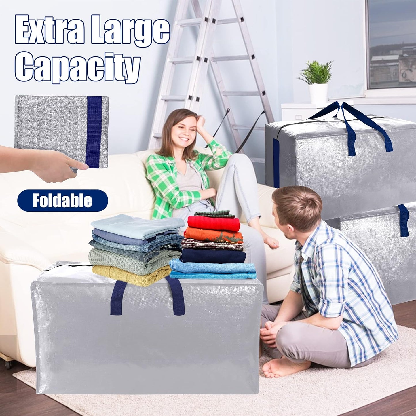 Sweet Dolphin Extra Large Moving Bags - Heavy Duty Storage Totes with Zippers & Handles | 12 Pack, Silver