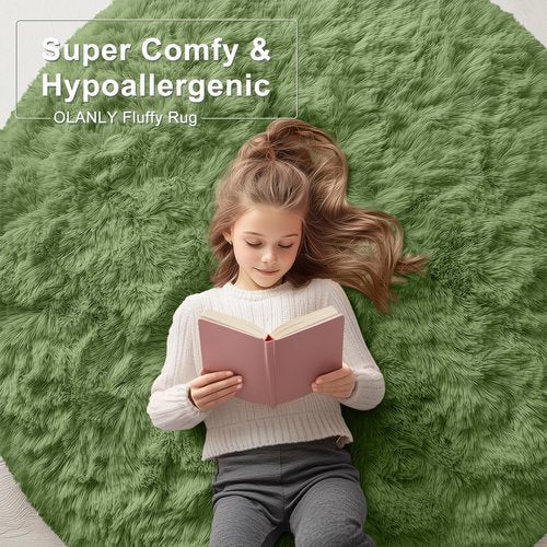 OLANLY Green Round Rugs for Bedroom - Machine Washable, 5 ft Circle Area Rugs for Living Room, Soft and Fluffy Shaggy Carpet for Teen Girl and Boys, Nursery Rooms, Dorms, Home Decor Aesthetic