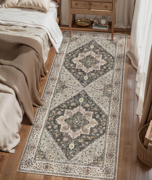 Tangsoo 2x6 Washable Runner Rug for Hallways, Non Slip Vintage Runner, Farmhous Soft Low Pile Long Rug Runner, Print Distressed Grey Carpet Runners for Kitchen Bedroom Entryway Bathroom Living Room