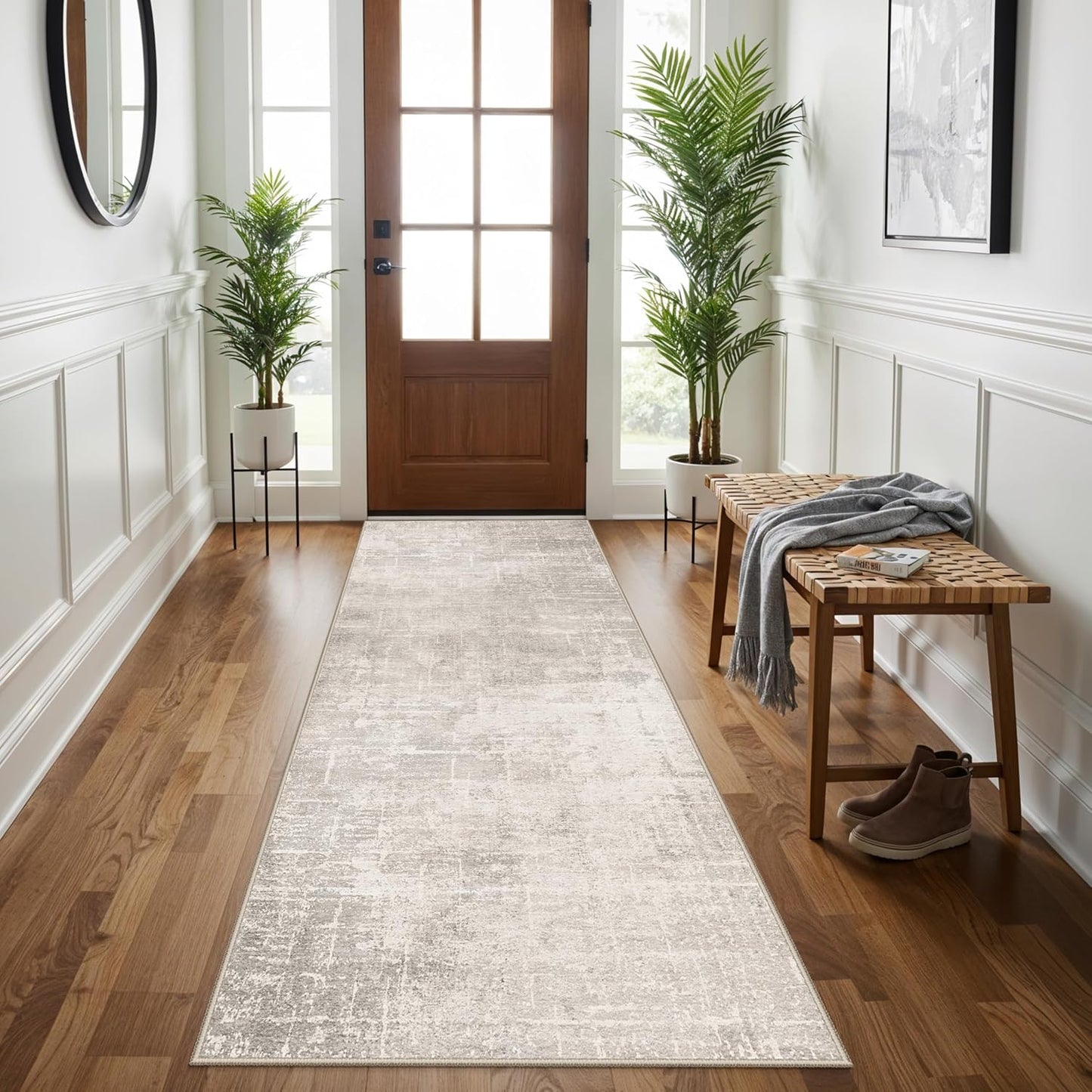 Skiennix 3x7 Washable Hallway Runner Rug - Abstract Stain Resistant Design | Ultra Soft Non-Slip Carpet in Beige/Cream