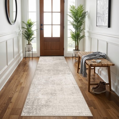 3x7 Washable Hallway Runner Rug: Abstract Stain Resistant Kitchen Rug Farmhouse Ultra Soft Bathroom Bedroom Entryway Printed Floor Mat Thin Non-Slip Carpet for Living Room Laudry(3x7,Beige/Cream)