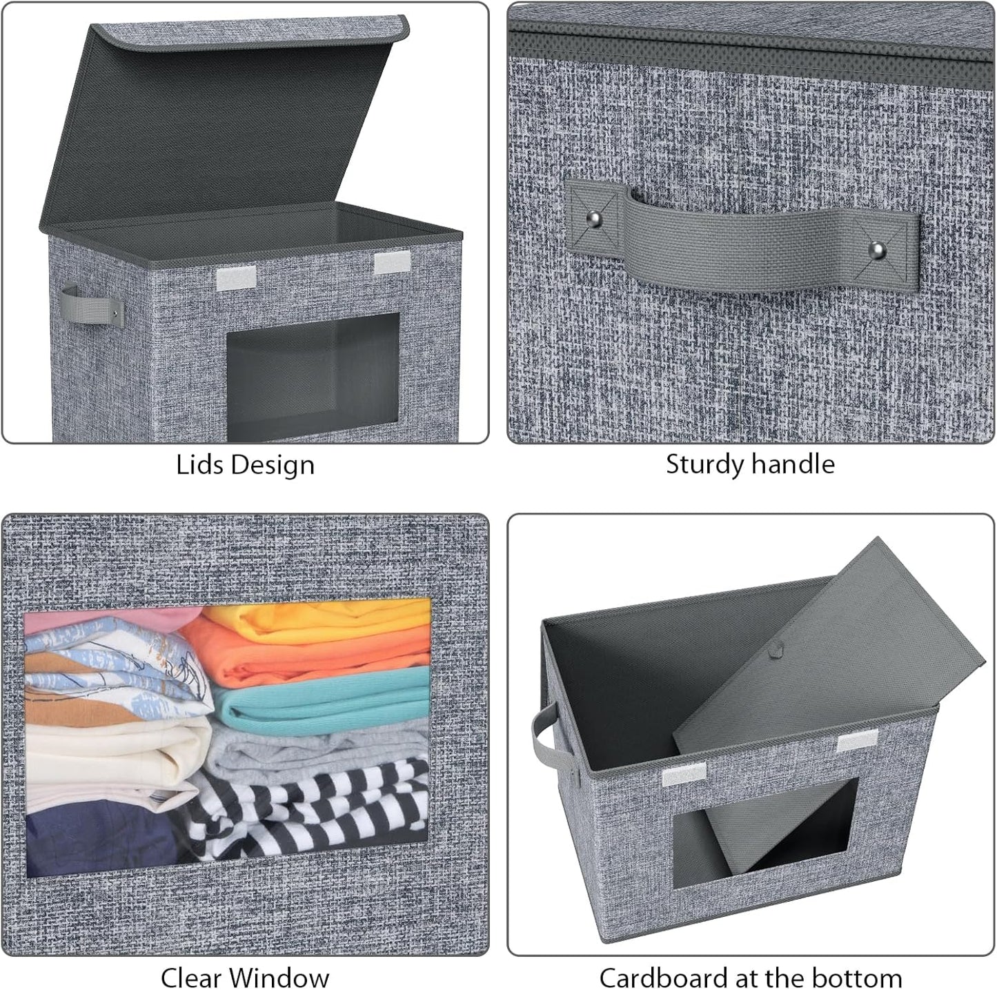 Univivi Foldable Storage Boxes - Large Collapsible Bins with Lids | 4-Pack Grey Organizers (17" x 12" x 12")