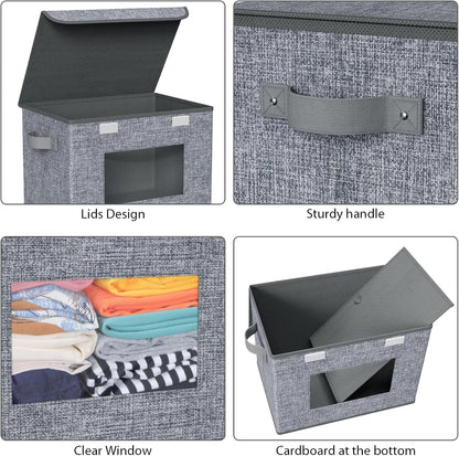 Univivi Foldable Storage Boxes - Large Collapsible Bins with Lids | 4-Pack Grey Organizers (17" x 12" x 12")