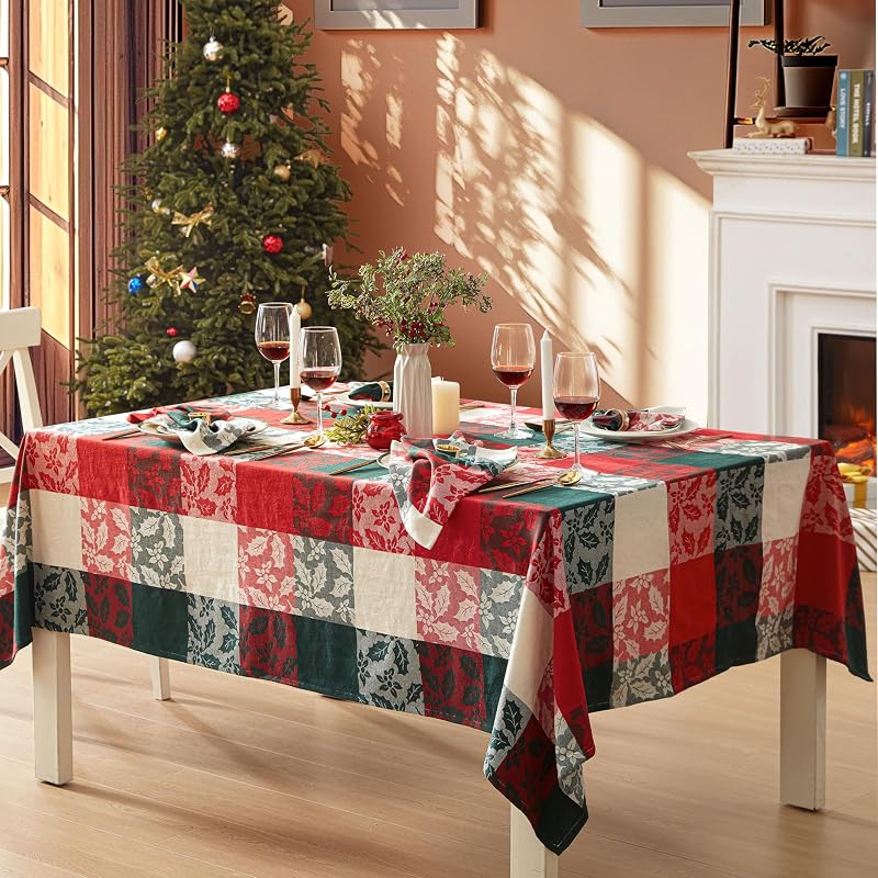 Newbridge Holiday Holly Check 60x102 Inch Rectangle Tablecloth - Cotton-Rich Christmas Nativity