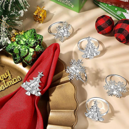 Snowflake & Tree Napkin Ring Set - 16 Pcs Red Cloth Napkins with 8 Metal Rhinestone Rings (Variation: Snowflake, Tree)