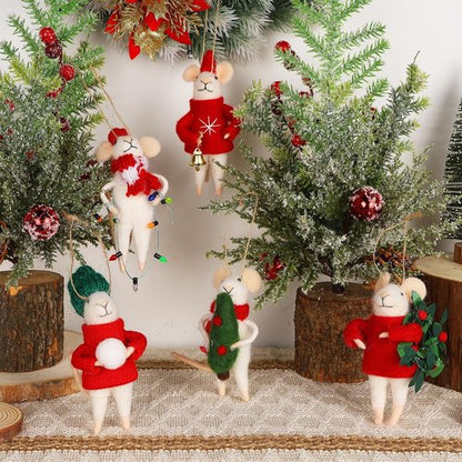 Juegoal Christmas Felt Mice Ornaments - Set of 5 Cute Wool Mouse Hanging Decor for Holiday Wreaths