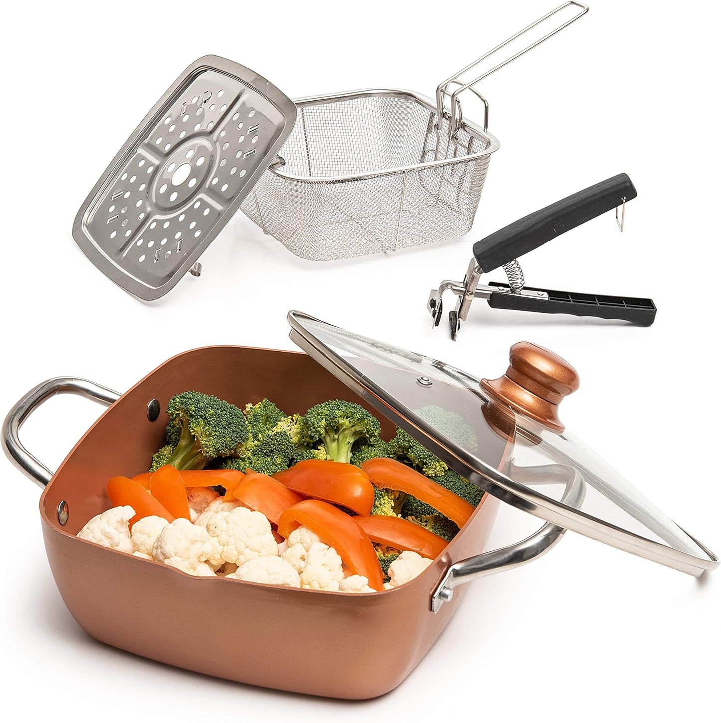 Moss & Stone Copper Chef Cookware Set - 5-Piece Non-Stick Deep Frying Pan & Accessories | 5 Qt, Dishwasher Safe