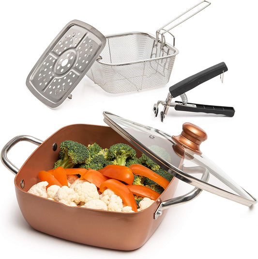 Moss & Stone Copper Chef Cookware Set - 5-Piece Non-Stick Deep Frying Pan & Accessories | 5 Qt, Dishwasher Safe