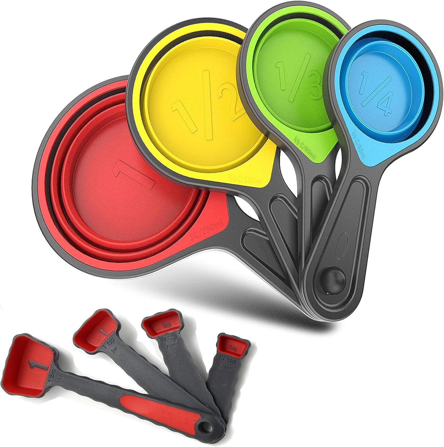 Skiennix Collapsible Silicone Measuring Cups & Spoons - 8-Piece Set for Liquid & Dry Baking | Portable Food-Grade Design