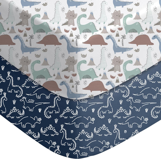 Yoofoss Baby Pack and Play Sheets - Ultra Soft Dark Blue Dinosaur Fitted Mini Crib Sheets | 38x26 Compatible with Graco