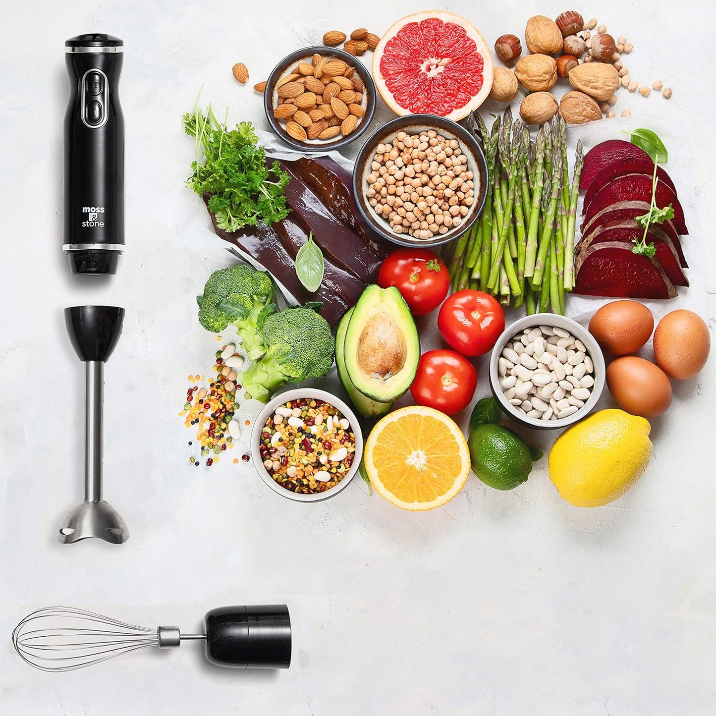 Moss & Stone Hand Blender - Powerful 300-Watt Stick Mixer with Egg Whisk & Ergonomic Handle - Black
